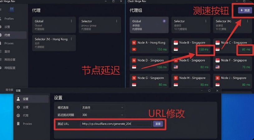 Clash Verge Rev 节点测速技巧：真实连接延迟与握手 Ping 的区别及测速 URL 自定义