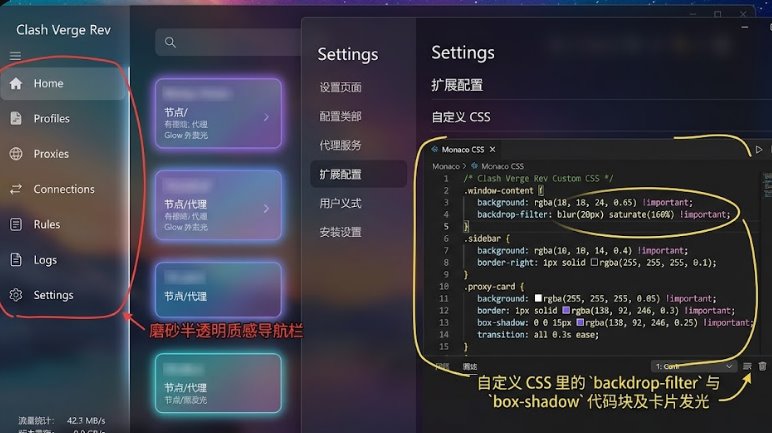 Clash Verge Rev应用自定义CSS后呈现现代半透明毛玻璃特效与深色圆角节点卡片 - Copy